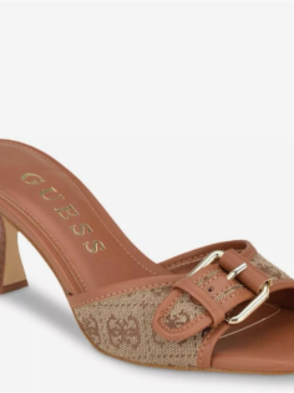 Guess Tan Logo Buckle Mule Heels